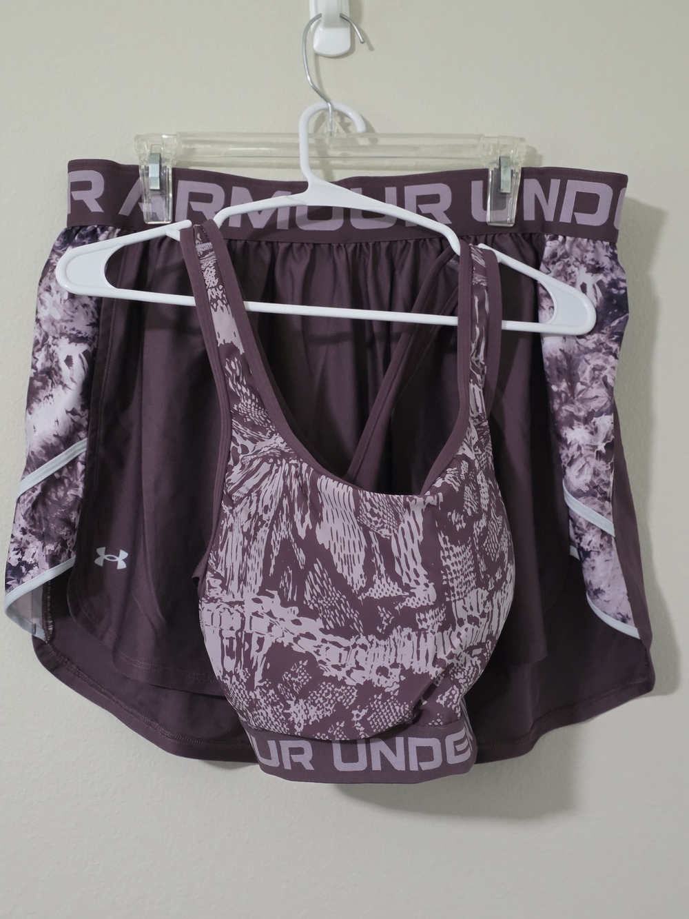 Under Armour Women's Purple Printed Sports Bra and Shorts Set